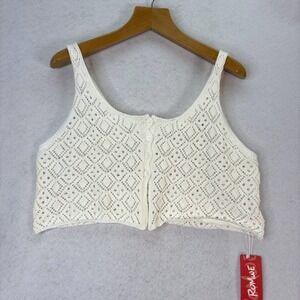 NWT Romwe Cream White Crochet Knit Button Up Crop Tank Top Boho Festival Hippie